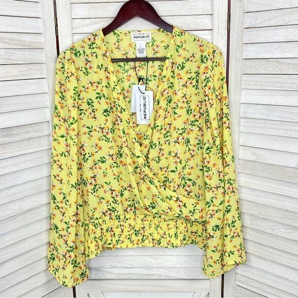For The Republic Floral Bell Sleeve Surplice Blouse Yellow Large - Picture 9 of 13